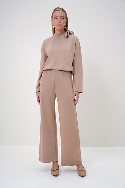 Trend Alaçatı Stili Stone Colored Modal Tunic and Trousers Set with Crew Neck and Halter Detail - Alc-X12881