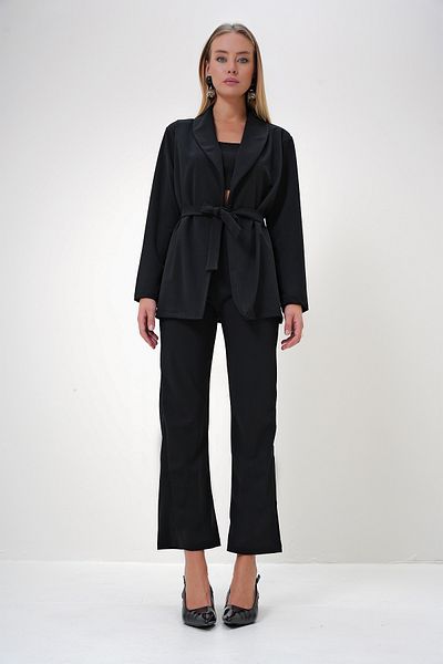 Trend Alaçatı Stili Black Shawl Collar and Belted Jacket - Palazzo Pants Set Alc-X12905