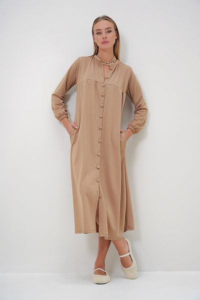 Trend Alaçatı Stili Women's Beige Crew Neck Buttoned Front Double Pocket Knitted Dress Alc-X12866