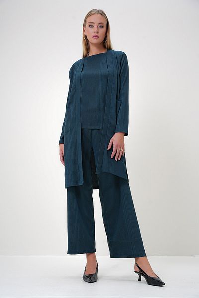 Trend Alaçatı Stili Walnut Green 3 Piece Set - Crew Neck Blouse, Double Pocket Vest and Trousers Alc-X12899