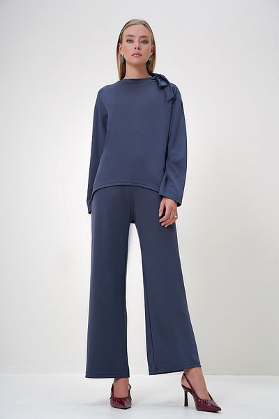 Trend Alaçatı Stili Women's Gray Crew Neck Halter Detailed Modal Fabric Tunic and Trousers Set Alc-X12881