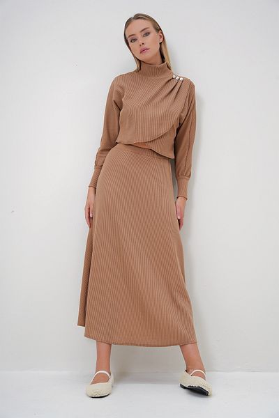 Trend Alaçatı Stili Beige Twist Skirt and Blouse Set - Half Turtleneck, Asymmetric Cut, Button Detailed Alc-X12814