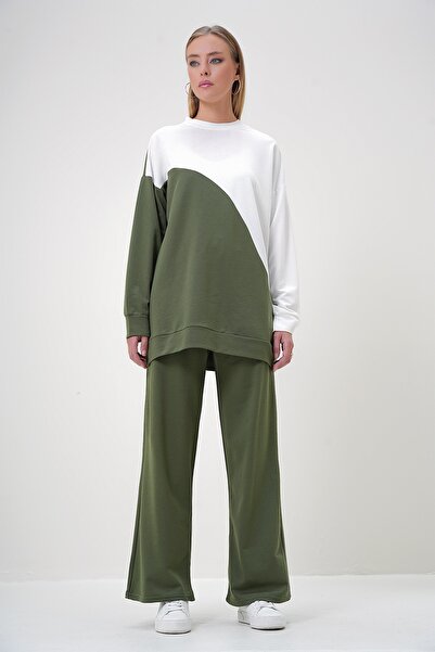 Trend Alaçatı Stili Kadın Haki Bisiklet Yaka Renk Bloklu İki İplik Alt-Üst Takım ALC-X12888