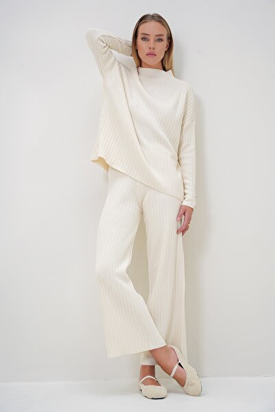 Trend Alaçatı Stili Női bézs színű állógallér, alacsony ujjú kötöttáru nadrág és blúz szett ALC-X12832