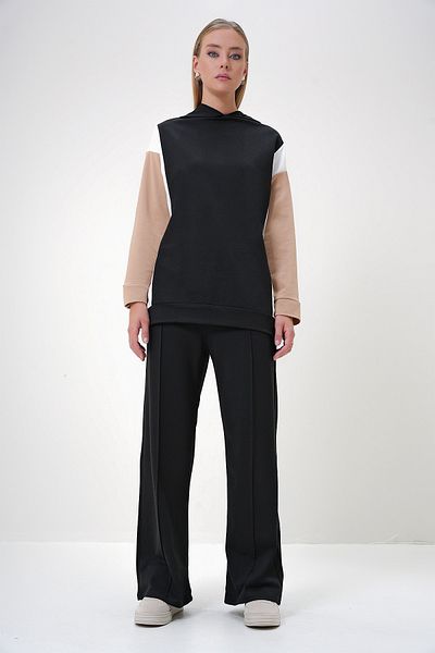 Trend Alaçatı Stili Women's Black Hooded Color Block Two Thread Under-Upper Set Alc-X12889