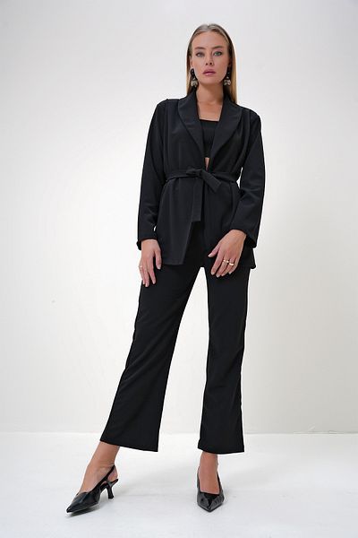 Trend Alaçatı Stili Black Shawl Collar and Belted Jacket - Palazzo Pants Set Alc-X12905