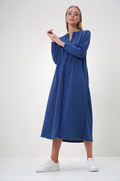 Trend Alaçatı Stili Women's Indigo Blue Crew Neck Buttoned Front Double Pocket Knitted Dress Alc-X12866
