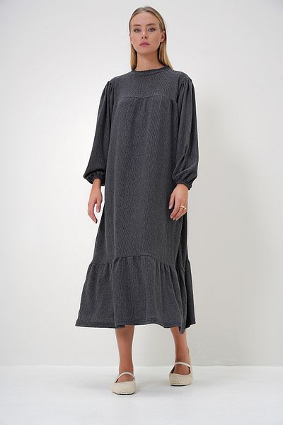 Trend Alaçatı Stili Ανθρακί Χρώμα - Flounce Maxi Length Γυναικείο Φόρεμα ALC-X12911