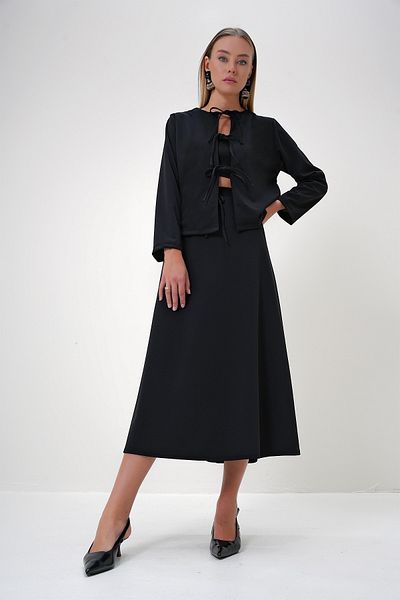 Trend Alaçatı Stili Black Crepe Jacket and Maxi Skirt Set - Crew Neck, Tie Detail, Alc-X12872