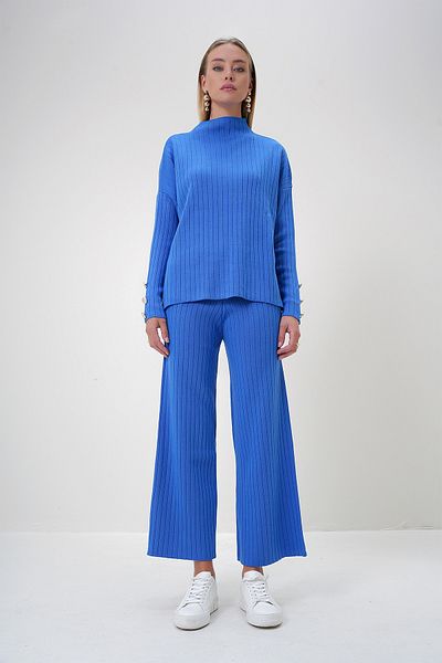 Trend Alaçatı Stili Women's Saks Stand Collar Low Sleeve Knitwear Pants and Blouse Set Alc-X12832