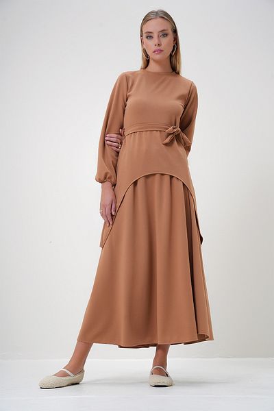 Trend Alaçatı Stili Women's Mink Crew Neck Asymmetrical Cut Tunic and Skirt Set Alc-X12870