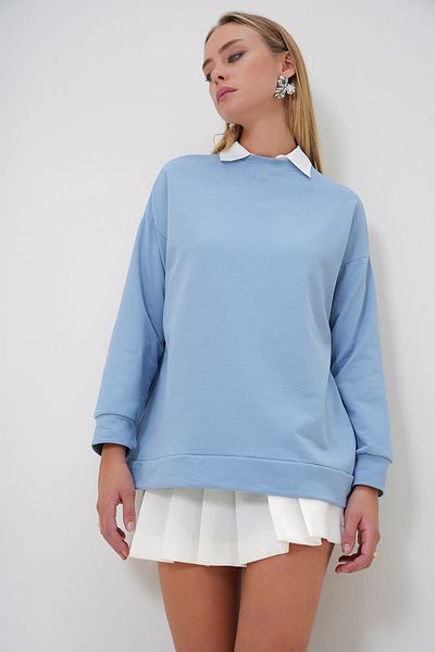 Trend Alaçatı Stili Baby Blue Oversize Crew Neck Women's Sweatshirt - Alc-X12917