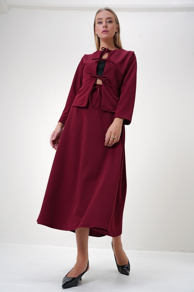 Trend Alaçatı Stili Dámska súprava slivkového výstrihu s krepovým výstrihom, detailná krepová pletená bunda a maxi sukňa Alc-X12872