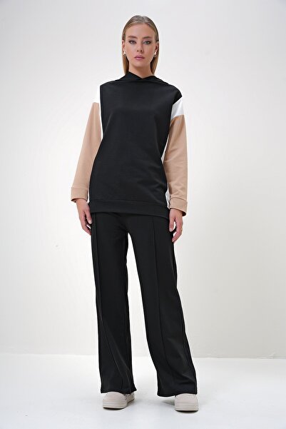 Trend Alaçatı Stili Damen-Set mit Kapuze, Farbblockierung, zwei Fäden, unten und oben, Schwarz ALC-X12889