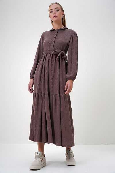 Trend Alaçatı Stili Women's Brown Shirt Collar Buttoned Skirt Flounce Belt Long Dress Alc-X12819