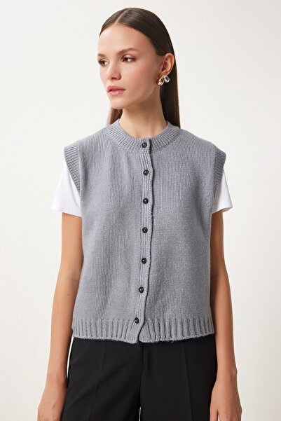 Happiness İstanbul Női szürke nyakú, gombos kötöttáru mellény US00947