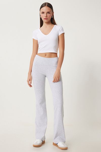 Happiness İstanbul Hellgraue Strick-Leggings mit spanischem Bein und hoher Taille für Damen HW00015
