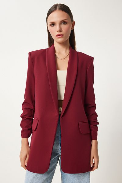 Happiness İstanbul Burgunderrote Damen-Blazerjacke mit Schalkragen und Kordelzug, detailliert gewebt, HL00004