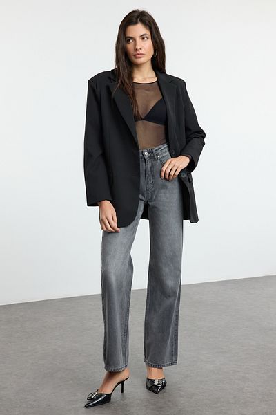 Trendyol Collection Jeansy z wysokim stanem i szerokimi nogawkami w kolorze antracytowym - Twoaw24Je00074
