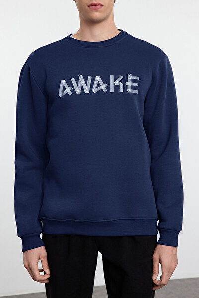 Trendyol Collection Námořnická modrá vyšívaná oversize mikina – fleecový střih Tmnaw25Sw00061