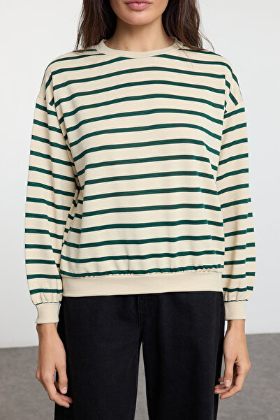 Trendyol Collection Pletená mikina v antracitově zeleném pruhovaném střihu Twoaw25Sw00287 Regular/Normal Fit