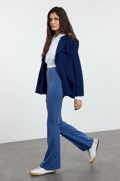 Trendyol Collection High Waist Indigo Flare Pants - Ribbed Detail and Soft Keys Twoaw25Pl00069
