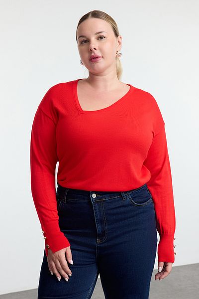 Trendyol Curve Aszimmetrikus gallér és gombos ujjú piros kötöttáru pulóver - TBBAW25AN00055