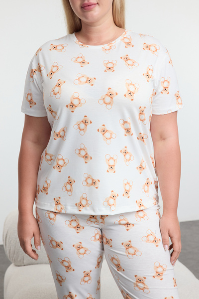 Trendyol Curve Εκρού πλεκτό σετ πιτζάμες Jogger - Αρκουδάκι με σχέδιο TBBAW25AI00082