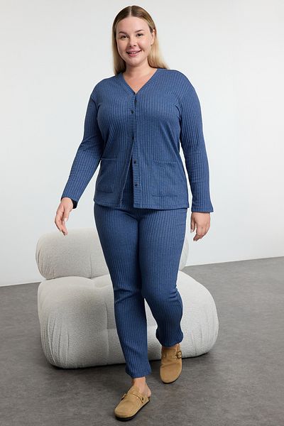 Trendyol Curve Indigo V-Neck Pajama Set - Buttoned, Knitted Tbbaw25Ai00083