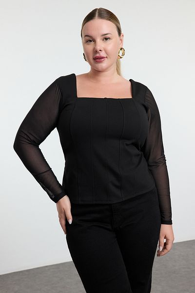 Trendyol Curve Plus Size Black Tulle Detailed Knitted Bodycon Blouse - Square Neck Tbbaw25Af00028