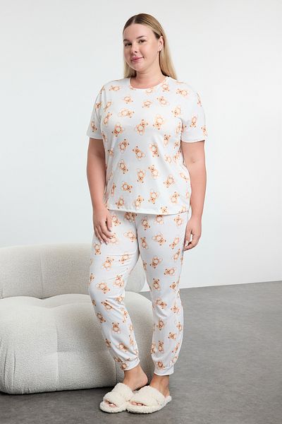 Trendyol Curve Ecru Knitted Jogger Pajama Set - Teddy Bear Patterned Tbbaw25Ai00082