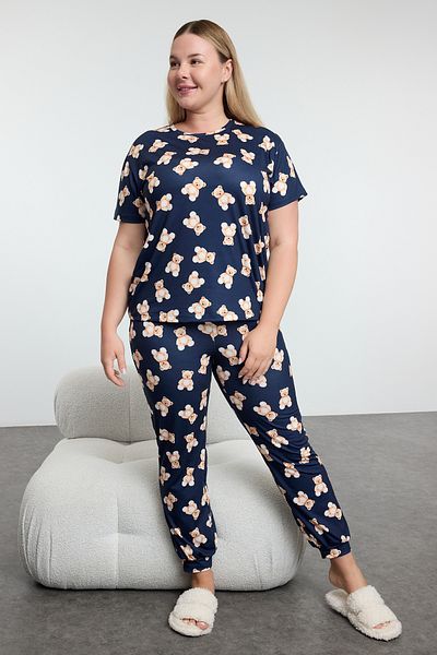 Trendyol Curve Navy Blue Teddy Bear Patterned Jogger Pajamas Set - Tbbaw25Ai00082