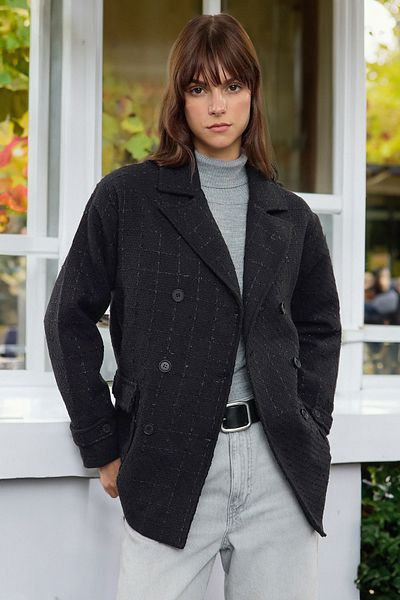 Trendyol Collection Sezonowa czarna tweedowa kurtka midi - Twoaw25Kb00067