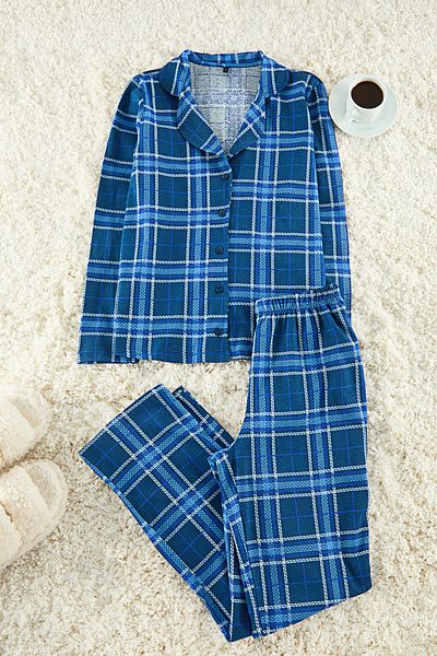 Trendyol Collection 100% Cotton Plaid Navy Blue Knitted Pajamas Set - Thmaw20Pt0266