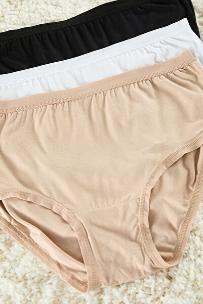 Trendyol Curve Čierno-bielo-hnedé 3-balenie bambusových klasických pletených elastických nohavičiek veľkej veľkosti TBBAW25CM00011