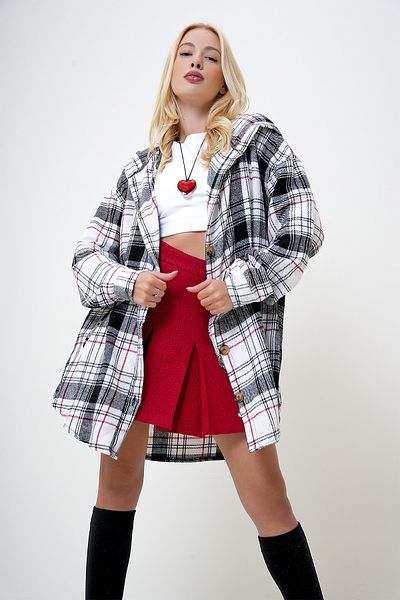 VAGGON Navy Blue Oversize Hooded Plaid Long Shirt - Double Pocket Prm1085