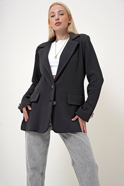 VAGGON Women's Anthracite Double Breasted Collar Textured Button Closure Blazer Jacket Prm1054