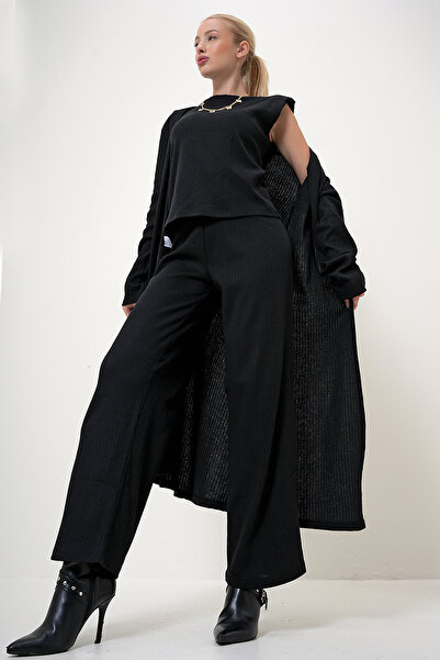 VAGGON Dámská souprava černé vycpané halenky, kalhot a cardiganu - Prm1062