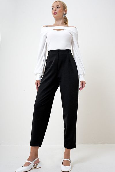 VAGGON Schwarze, hoch taillierte, fließende Krepp-Strickhose für Damen Prm1083