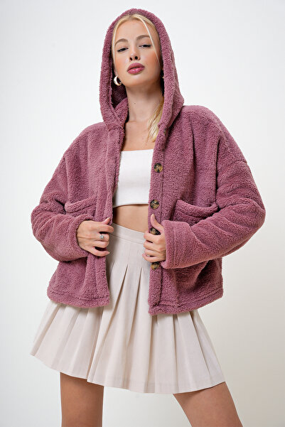 VAGGON Women's Dusty Rose Hooded Double Pocket Plush Coat Prm1101
