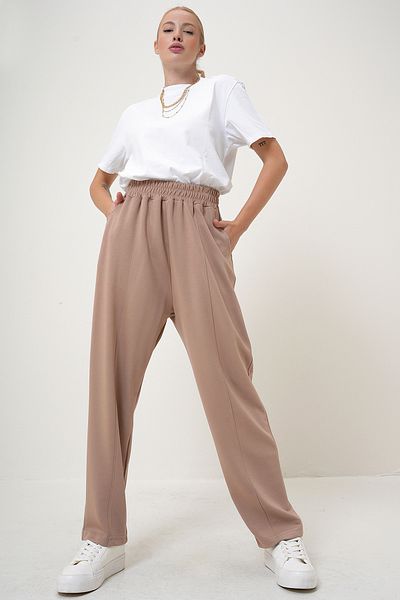 VAGGON Beigefarbene Damen-Modalhose mit elastischem Bund und Doppeltaschen, Shalwar-Schnitt, Prm1081