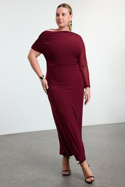 Trendyol Curve Burgundy Sandy Knitted Plus Size Dress Tbbaw25Ah00073