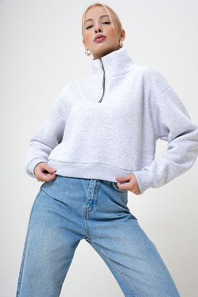 VAGGON Women's Gray Half Zipper Three Thread Raised Crop Sweatshirt Prm1051
