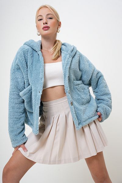 VAGGON Mintfarbener Plüschmantel mit Kapuze und doppelter Tasche für Damen Prm1101