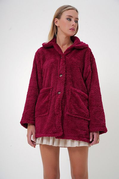 Trend Alaçatı Stili Burgunderrote Damen-Plüschjacke mit zwei Taschen und Knopfleiste vorne ALC-X11149