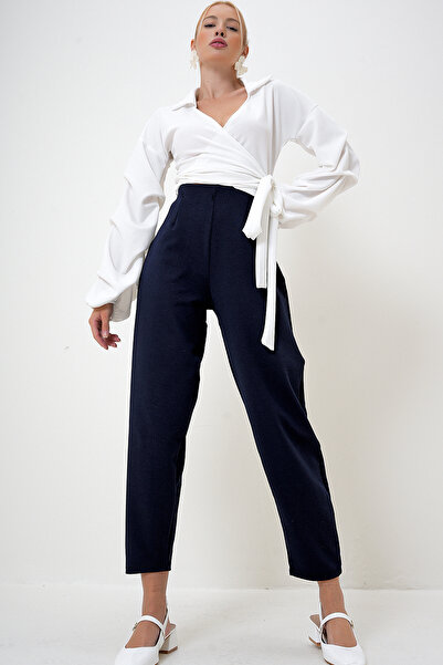 VAGGON Námořnická modř krepové pletené kalhoty s vysokým pasem – kleština s podrobnostmi, splývavý Prm1083