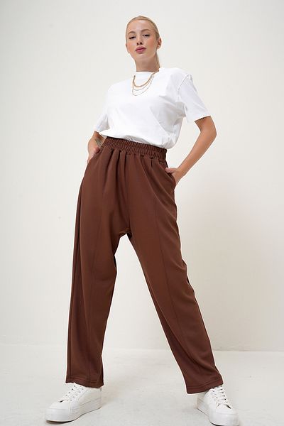 VAGGON Women's Coffee Elastic Waist Double Pocket Shalwar Cut Modal Pants Prm1081