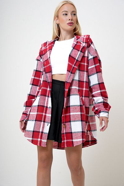 VAGGON Rotes Oversize-Kapuzenshirt – Doppeltaschen, Karomuster PRM1085