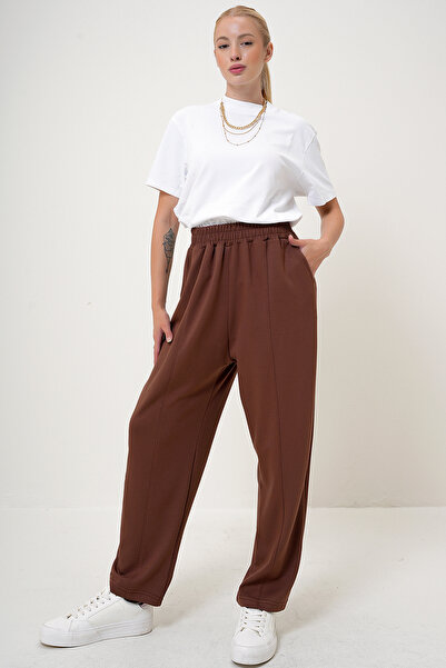 VAGGON Women's Brown Elastic Waist Double Pocket Baggy Cut Modal Trousers Prm1081