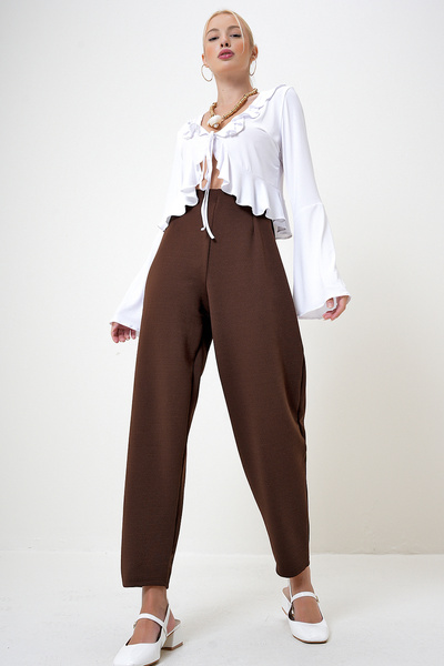 VAGGON Dámské hořkohnědé krepové pletené kalhoty s vysokým pasem Prm1083